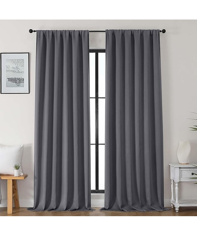Gwine Charcoal Grey Blackout Curtains for Bedroom 96 Inch Length, Room Darkening Energy Saving Black Out Curtains for Living Room, Window Treatment Drapes with Rod Pocket, Each 50" Wx96 L, 2PC