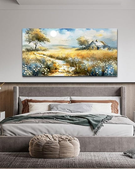 KELIYUAN Large Country Field Painter House Decorated Wildflower Field Landscape Painting Living Room Decorated Wall Art Modern Print Canvas Farmhouse Office Bedroom Wall Decorated 30 X 60 Inches