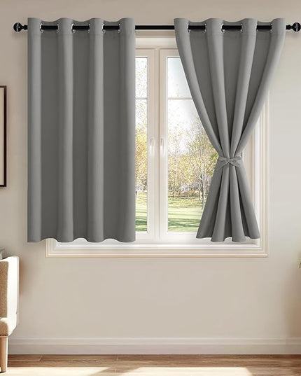 JIUZHEN Light Grey Blackout Curtains with Tiebacks Thermal Insulated, Light Blocking and Noise Reducing Grommet Curtain for Bedroom and Living Room, Set of 2 Window Curtain Panels, 52 x 45 Inch Length