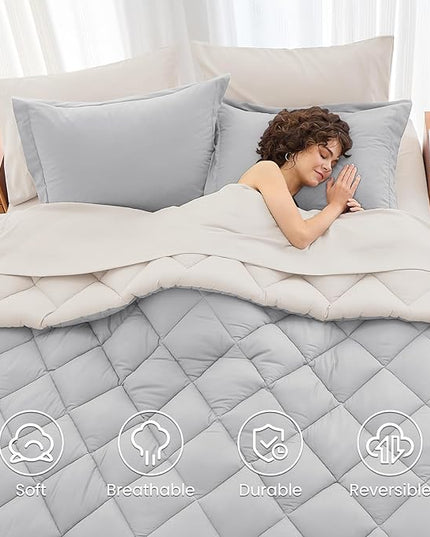 MUXHOMO 5 Pieces Twin XL Comforter Set, Reversible Bed in a Bag Twin XL Size, All Season Bedding Set with Comforter, Flat Sheet, Fitted Sheet, Pillowcases & Shams, Light Grey & Beige