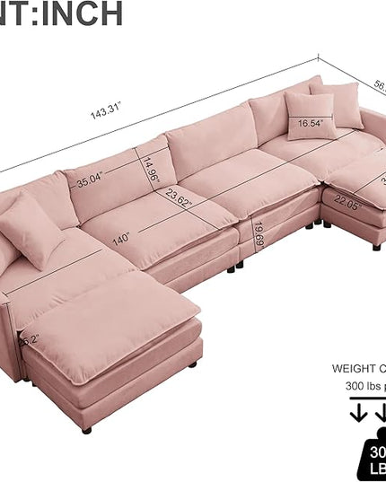 Modular Sectional Sofa,143.31'' Modern Sofa Sleeper Couch,Comfy Cloud Couches with 4 Seat & 2 Ottoman & 4 Pillows Sofa Set,Deep Seat Sofa with Movable Ottoman for Living Room,Chenille (Pink, U shaped)