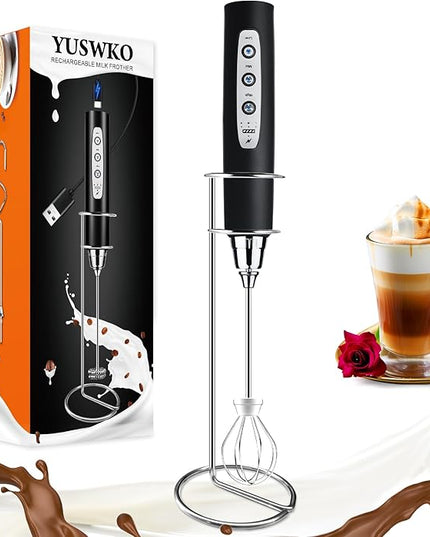 YUSWKO Black Handheld Milk Frother Wand with Stand for Coffee, Rechargeable Electric Whisk with 3 Heads 3 Speeds Drink Mixer Coffee Frother For Latte, Cappuccino, Hot Chocolate, Egg