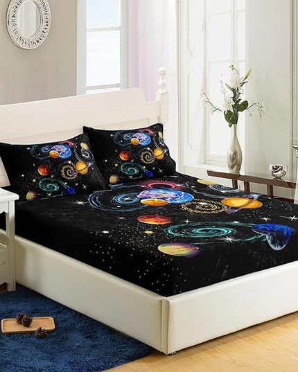 AILONEN Outer Space Full Size Fitted Sheet 3 Pieces Set, Galaxy Starry Sheet for Kids Boys - Eight Planet Theme Soft Breathable Bed Sheet, 1 Fitted Sheet and 2 Pillowcases