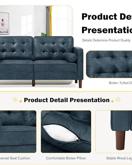 67" Suede Leather 2 Seater Sofa with Two Bolster Pillows, Tufted Sofa with Wooden Legs, Mordern Couch for Living Room, Office, Apartment, Blue