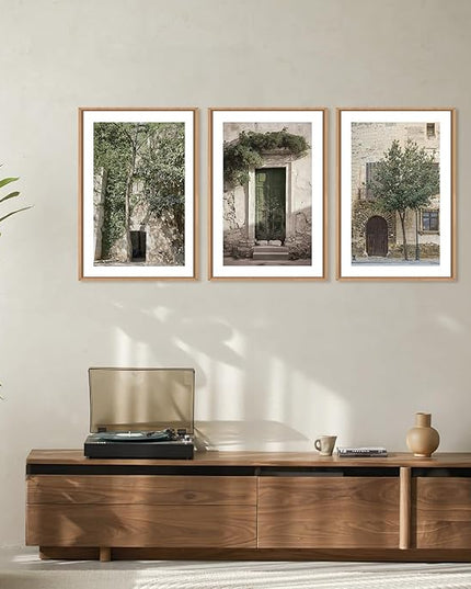 HOURIA Large Vintage Italy City Landscape Framed Canvas Wall Art Set,Green Olive Tree Old House Wall Decor,Malta Modern Minimalist Country Farmhouse Art Print for Living Room,Bedroom,Office- 24"x36"x3