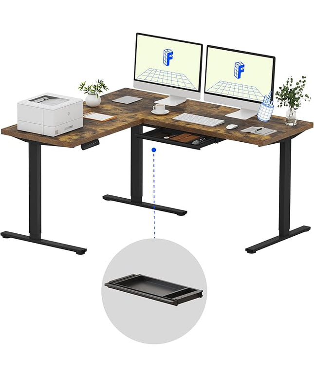 FLEXISPOT L Shaped Standing Desk, 63 x 55 Inch Electric Height Adjustable Corner Desk, Sit Stand Computer Workstation, Preset Controller, Home Office, Black Frame with Rustic Brown Top, Black Drawer
