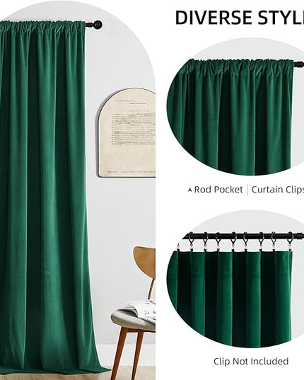 Joydeco Dark Green Velvet Curtains 63 inch Length 2 Panels Burg Set, Luxury Rod Pocket Thermal Insulated Window Blackout Curtain, Room Darkening Drapes for Living Dining Room Bedroom Privacy