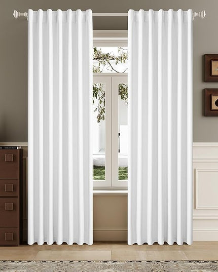 DUALIFE 90 Inch Blackout Pure White Curtains Boho, Thermal Insulated Curtains for Summer Heat for Bedroom Living Room Linen Pleated Drapes 90 Inches Long Rod Pocket(50W x 90L x 2 Panels)