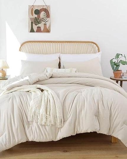 ROSGONIA Oversized Queen Comforter Beige, 3pcs (1 Comforter & 2 Pillowcases) Lightweight Oversized Queen Comforter Sets Bedding Blanket Quilts
