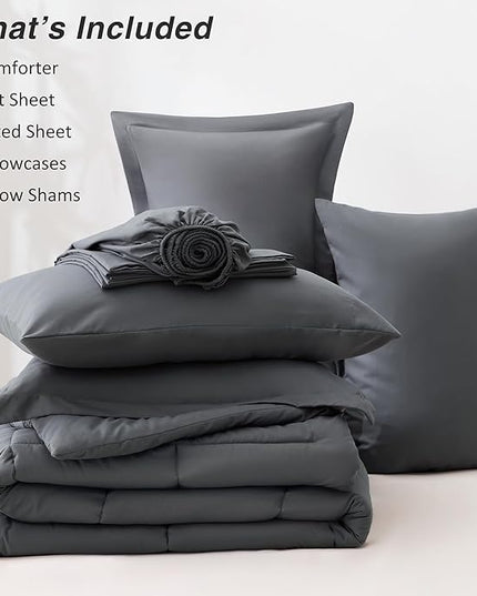 Love's cabin Queen Comforter Set Soot Grey, 7 Pieces Queen Bed in a Bag, All Season Bedding Sets with 1 Comforter, 1 Flat Sheet, 1 Fitted Sheet, 2 Pillowcase and 2 Pillow Sham