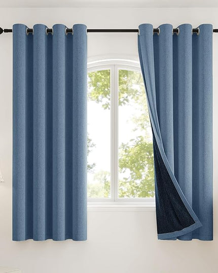 100% Blackout Curtains Thick Soft Curtain 2 Panels Set for Small Bedrooms/Children's Rooms, Linen-Look Textured Full Light Blocking Room Darkening Thermal Insulated Drapes (W52xL54, Blue)