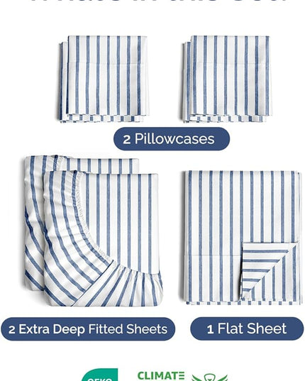 Extra Deep Split King Sheet Set - 7 Piece Breathable & Cooling Sheets - Hotel Luxury Bed Sheets Set - Easy Fit - Soft, Wrinkle Free & Comfy Sheets Set - Blue Striped Sheet Set w/Extra Deep Pockets