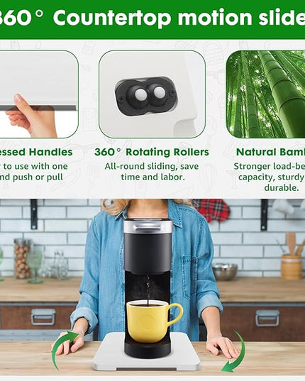 Appliance Slider 360° Rolling Tray for Coffee Maker- Bamboo Coffee Pot Slider Tray Countertop Rotation Sliding Tray with Wheels, Small Appliances Mat White (small 11.8" × 9.8" × 0.6")