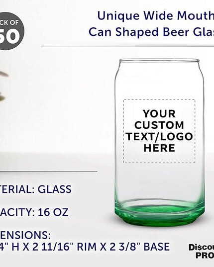 Custom Beer Can Glasses Set of 50, 16 oz. Pint Sized, Promotional Text, Logo, Soda Can Shape, Glassware, Green