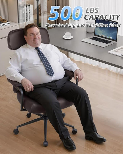 Big and Tall Office Chair 500LBS, Executive Office Chair for Heavy People, Heavy Duty Desk Chair Comfy, Computer Chair High Back PU Leather, Extra Wide Rocking Chair with Wheels for Home Office, Brown