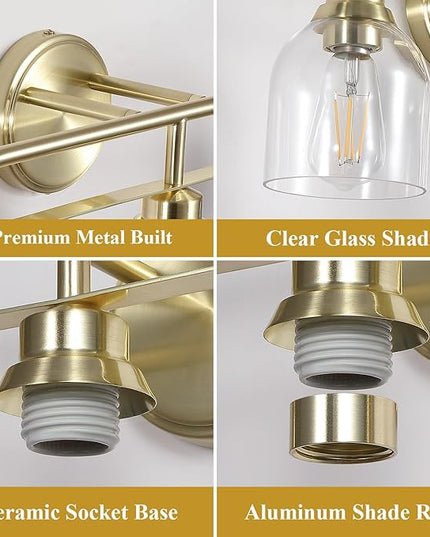 3 Light Gold Vanity Lights for Bathroom, Bathroom Light Fixtures Over Mirror with Clear Glass Shade, Ceramic E26 Sockets Wall Mounted