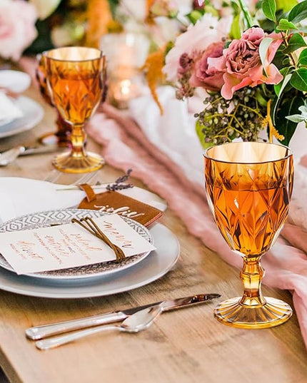 24 Pack Vintage Wine Glasses, Plastic Reusable 12 Ounce Colored Water Goblets, Unique Embossed Pattern Unbreakable Stemmed Wine Glasses High Clear Wedding Party Bar Drinking Cups Amber