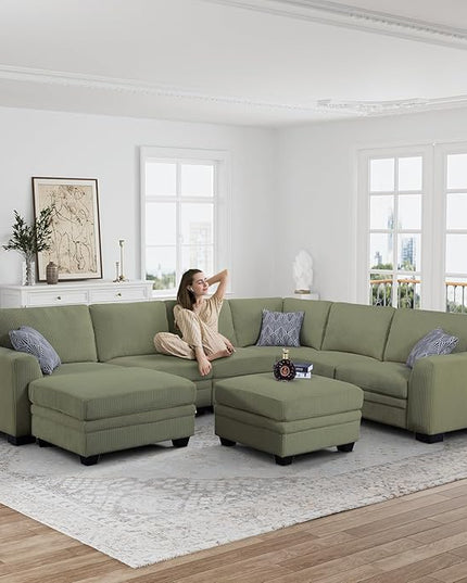 Legend Vansen Oversized Modular Sectional Sofa,8 Seat U Shaped Couch with Ottoman,Corduroy Sofa with Deep Seat,Convertible Large Sectional Couches for Living Room(Olive, U-8)