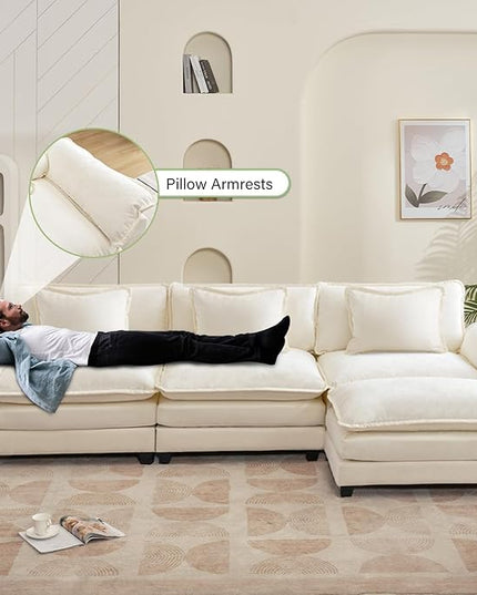 120" Modular Sectional Sofa, Comfy Cloud Couch Sectional Sofa with Ottoman, Chenille Sofa Sleeper Deep Seat Sofa with Throw Pillows for Living Room (Beige White, 120"- L Shape)