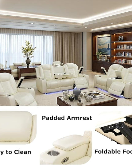 Power Recliner Chair Set, Leather Reclining Sectional Couch with Adjustable Angle, Living Room Furniture Sets, Modern Reclining Single Chair with Armrests and Backrests for RV(Creamy White)