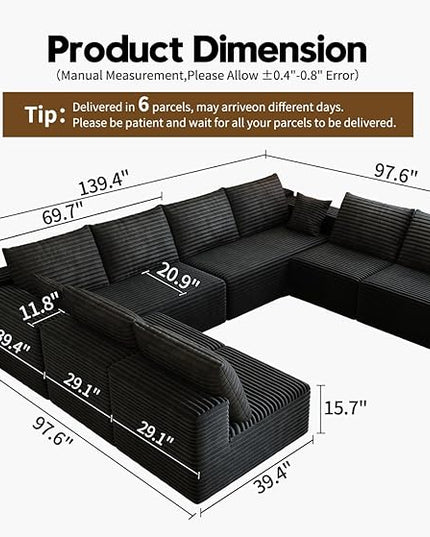 139.4" Modular Sectional Sofa Couch, Oversized U-Shaped Minimalist Couches with 4 Middle Seats Chaise, Modern Deep Seat Cloud Plush Corduroy Sofas Set for Living Room, 8 Seater, Black