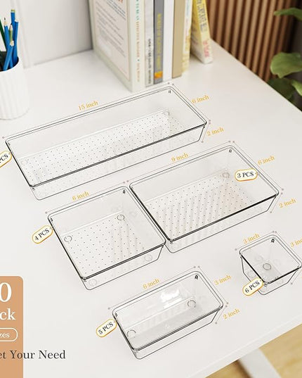 Criusia Drawer Organizer, 5-Size Versatile Bathroom and Vanity Organizer Trays, 20 Pack Clear Plastic Kitchen Drawer Organizers Set, Storage Bins for Makeup, Bathroom, Jewelries and Office