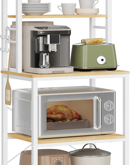 VASAGLE Coffee Bar, 23.6 Inches Baker's Rack for Kitchen with Storage, 6-Tier Kitchen Shelves with 6 Hooks, Microwave Stand, Modern, Golden Oak and Cloud White UKKS024W09