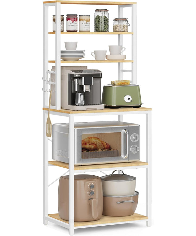 VASAGLE Coffee Bar, 23.6 Inches Baker's Rack for Kitchen with Storage, 6-Tier Kitchen Shelves with 6 Hooks, Microwave Stand, Modern, Golden Oak and Cloud White UKKS024W09