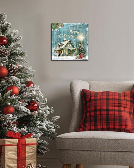 Christmas Tree Wall Art Decor Romantic Winter Snow Home Canvas Prints Poster Xmas Tree Painting Merry Christmas Sign for Home Garden Living Room Bedroom Bathroom Holiday Decoration Gifts 12x12inch