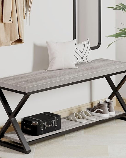IBF Industrial Wood Entryway Bench, Indoor Farmhouse Hallway Accent Entry Bench for Seating Sitting with Storage, Metal Shoe Rack Grey Bench Organizer in Foyer Bedroom, Light Grey Oak, 47 Inch Long