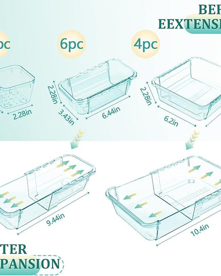 20 Pcs Adjustable Clear Drawer Organizer, Extendable Vanity Storage Bins, Desk Drawer Organizer Set for Makeup, Cosmetics, Bedroom, and Gadgets, Blue