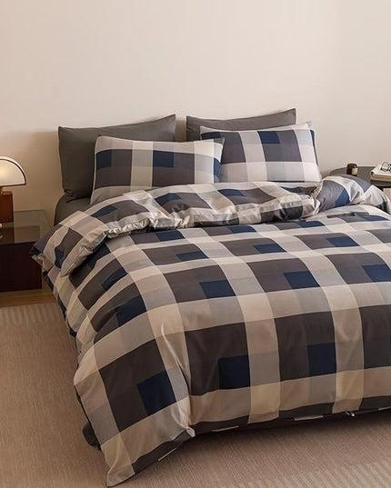 Luxlovery Checkered Navy Comforter Set King Gingham Bedding Set Men's Bedding Grid Bedding Set Fluffy Soft Cottagecore Khaki and Blue Blanket Quilts with 2 Pillowcases King Bed