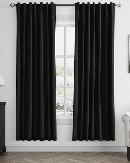 Guken Black Linen Blackout Curtains 72 Inch Length 2 Panels Set for Living Room Bedroom Back Tab Thermal Insulated 100% Black Out Linen Drapes Room Darkening Window Curtains 72 Inches Long