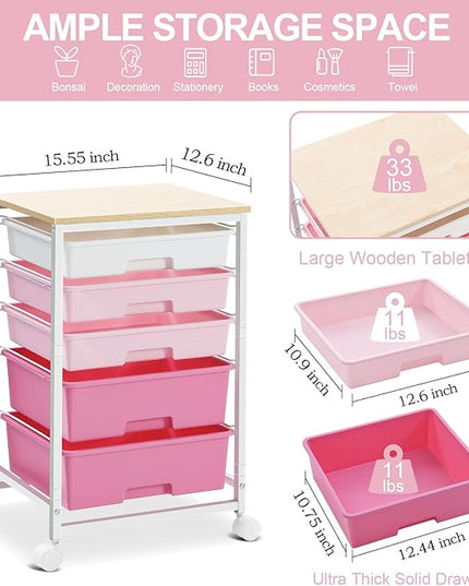 Utility Cart with 5 Drawers,Storage Drawer Cart with Wooden Tabletop and Lockable Wheels,Craft Storage Trolley Cart,5-Tier Rolling Utility Cart on Wheels,Rose Pink