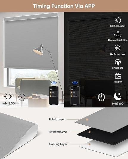 Kincmo Motorized Blinds with Remote,100% Blackout Motorized Roller Shades Work with Apple Homekit,Alexa,Google, Custom Electric Blinds with App,Voice Control (Pure Grey)