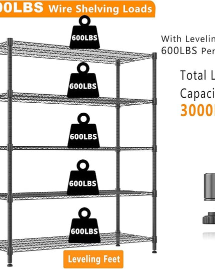 Himimi 82" H Storage Shelves 5 Tier Metal Shelving Adjustable Wire Shelf with Wheels, Heavy Duty Shelving for Garage Kitchen Pantry Bathroom Laundry,18" D*48" W*82" H, Black