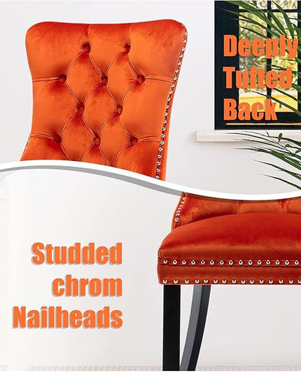 SoarFlash Velvet Dining Chairs Set of 2, Tall Back Side Chair, Modern Upholstered High-end Tufted Side Chair with Button Back Ring, Solid Wood Legs (Orange)