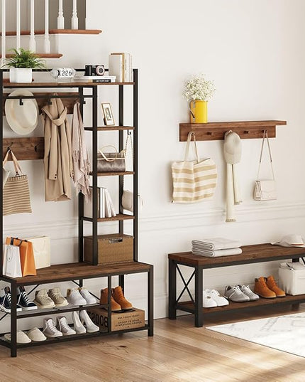 BON AUGURE Entryway Bench with Storage, 2 Tier Wood Metal Shoe Bench, Storage Benches for Bedroom, Entrance, Hallway, Mudroom, Indoor (47 inch Wide, Rustic Oak)