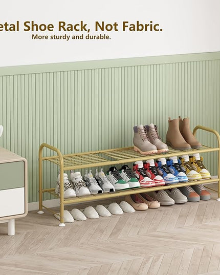 LINZINAR Shoe Rack Long 2 Tier Shoe Storage Organizer Metal Wide Shoe Shelf for Closet Entryway Bedroom 18 Paris Large Capacity, Gold