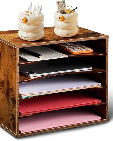 EMERIT Paper Organzier Wood Desktop Organizer Storage Letter Tray File Sorter with Adjustable Shelves for Home Office