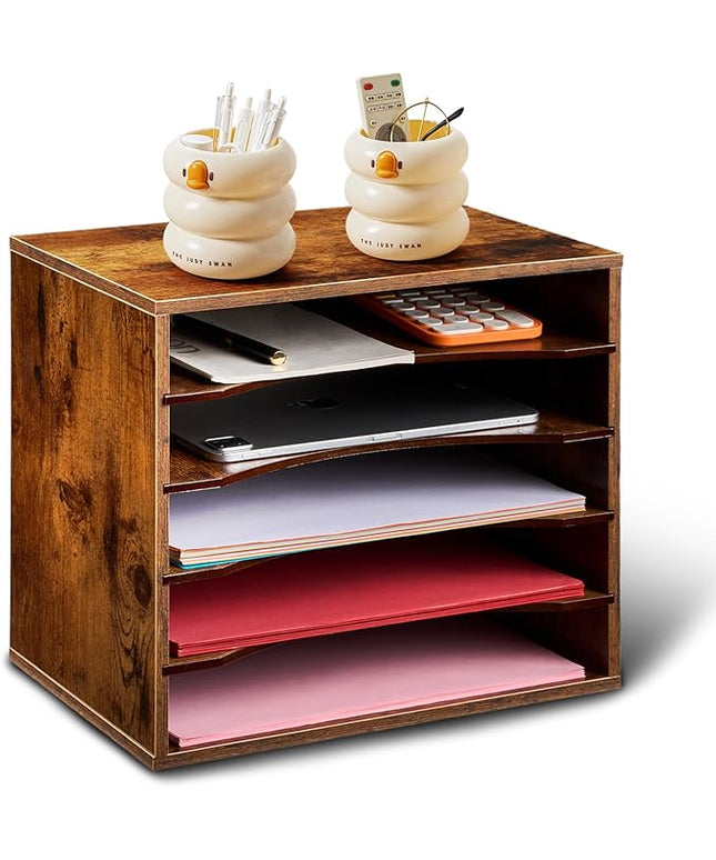 EMERIT Paper Organzier Wood Desktop Organizer Storage Letter Tray File Sorter with Adjustable Shelves for Home Office