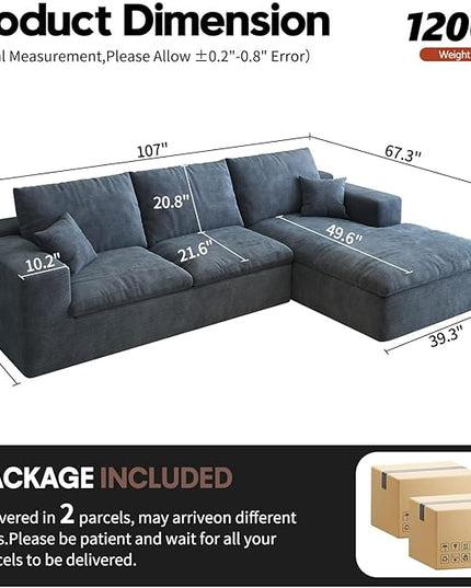 107'' L-Shaped Modern Modular Sectional Cloud Couch, 4-Seat Chenille Deep-Seat Sofa with Pillow for Living Room, Bedroom, Apartment, Ocean Blue