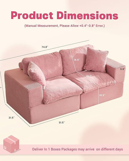 74.8” Cloud Couch, Modular Loveseat Sofa, Convertible Sofas Bed, Deep Seat Sofa, Cozy Sofa for Living Room, Office and Bedroom, Corduroy, Pink