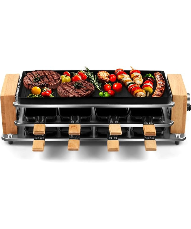 CUSIMAX Electric Grill Raclette Table Grill, 2 in 1 Indoor Grill with Non-Stick Grill & Griddle Plate, Raclette Grill with Wooden frame, 8 Cheese Pans & Wooden Spatulas, Three-Layer Korean BBQ Grill