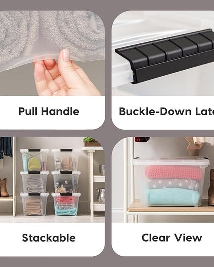 IRIS USA 19 QT Plastic Storage Box with Lid and Latches - 4 Pack - BPA-Free, See-Through Organizing Solution, Durable Nestable Stackable Containers, Secure Pull Handle - Clear