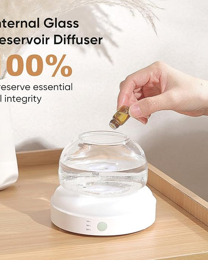 Glass Essential Oil Diffuser, 200ml Ultrasonic Aroma Diffusers with Glass Reservoir Dome & White Plastic Base Lock Color Auto-Off Timer 7 Color Light for Home Office Bedroom Yoga