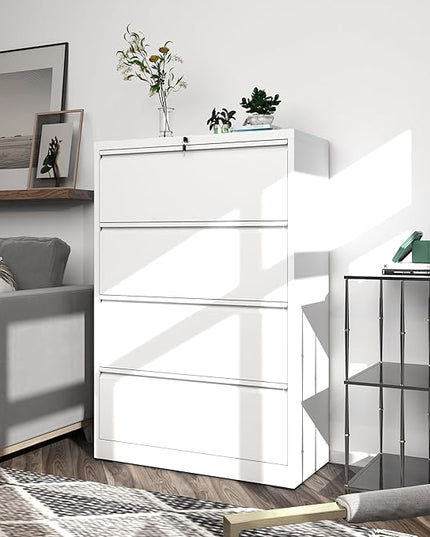 File Cabinets 4 Drawer,Metal Office Storage Filing Cabinet with Lock,White Lateral Filing Cabinet for Home Office,Horizontal Locking File Cabinet for Legal/Letter/A4,Assembly Require,White