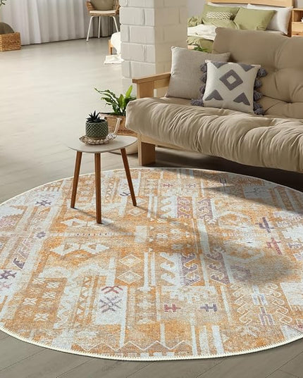 GLN Rugs Bohemian Collection - Machine Washable Area Rug, Bohemian Vintage, Non Slip, Low Pile Chenille Rug, Living Room, Bedroom, Bathroom Rug (5'3" Round Yellow)