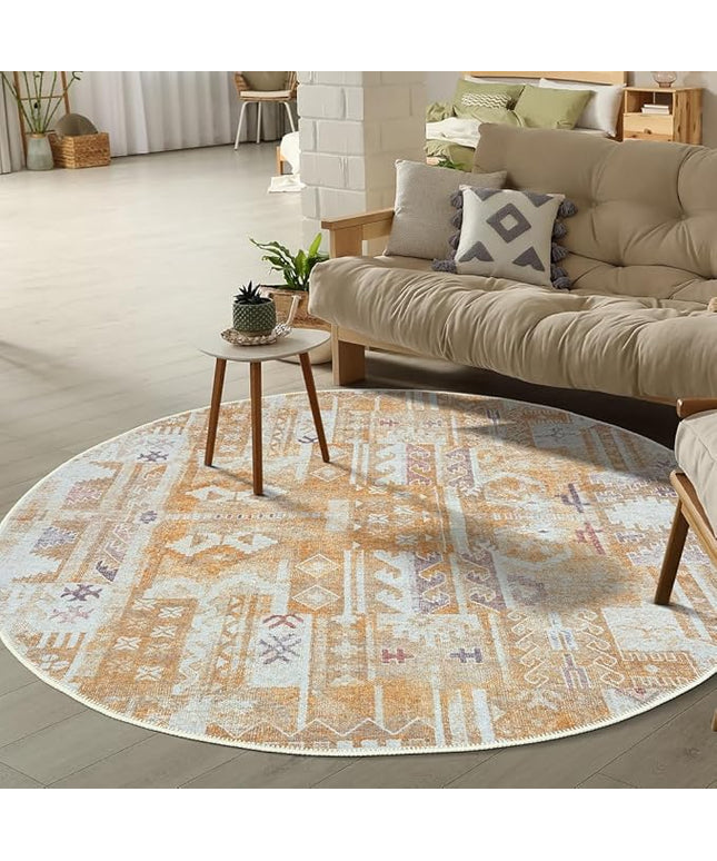 GLN Rugs Bohemian Collection - Machine Washable Area Rug, Bohemian Vintage, Non Slip, Low Pile Chenille Rug, Living Room, Bedroom, Bathroom Rug (5'3" Round Yellow)