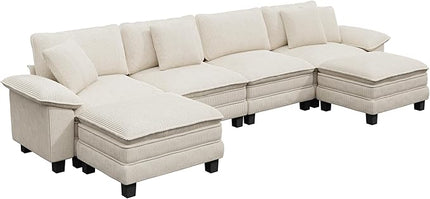 157-Inch U Shaped Sectional Sofa with Cloud Cushions, Deep Seat Modular Couch Set w/ 6 Seats & 2 Ottomans, Removable Arms, Plush Corduroy Upholstery for Living Room, Apartment - Beige